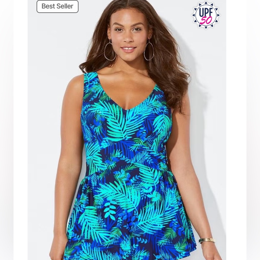 Swimsuits For All Tropical Leaf Print One Piece Dress Swim Suit